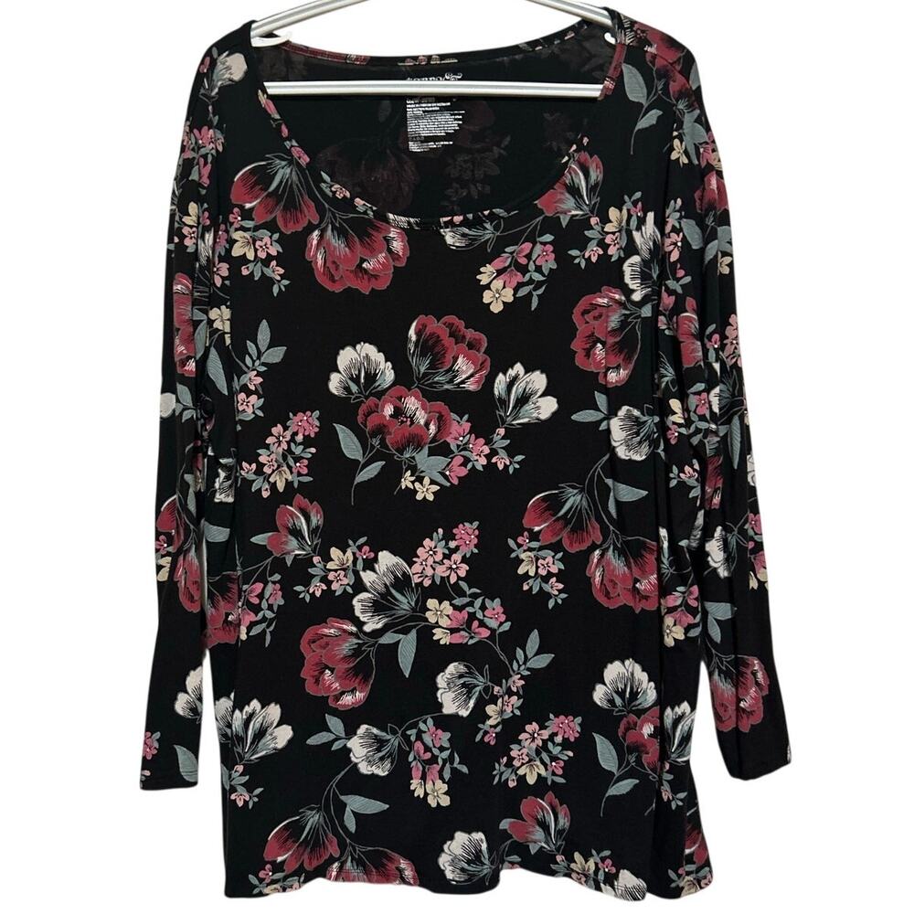 Terra & Sky Women's Black Floral Pink Teal Long Sleeve Pullover Blouse Size 3X